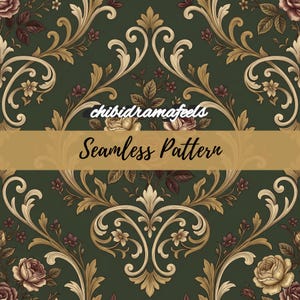 Victorian Damask Rose Seamless Pattern | Forest Green Gold Floral Digital Paper | Vintage Scrollwork PNG | Fabric Wallpaper Sublimation