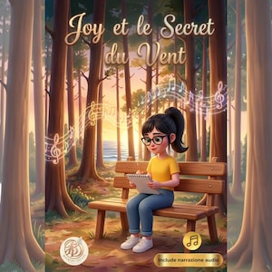 May include: Illustration of a girl with glasses sitting on a wooden bench in a forest, writing in a notebook. The image features musical notes and the title "Joy et le Secret du Vent". A logo is in the bottom left corner.