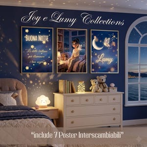 Può includere: Tre stampe artistiche incorniciate con un tema sognante. Una stampa dice "BUONA NOITE" con testo in italiano. Le altre due stampe presentano illustrazioni di una ragazza con ali di fata e una luna crescente con una farfalla. Il testo "Joy e Lumy Collections" è in alto.