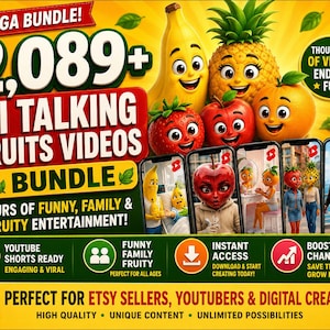 Peut inclure: Un ensemble numérique comprenant plus de 2089 vidéos de fruits parlants par IA avec des personnages animés comme une banane, un ananas, une orange, une fraise et une pomme. Le visuel inclut des textes, des aperçus d'écrans et des icônes YouTube.