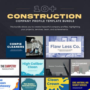 Pode incluir: Um gráfico promocional cinza escuro com o texto "10+ CONSTRUCTION COMPANY PROFILE TEMPLATE BUNDLE". O gráfico inclui vários exemplos de perfis de empresas, como "Conpie Cleaners" e "Flaw Less Co."