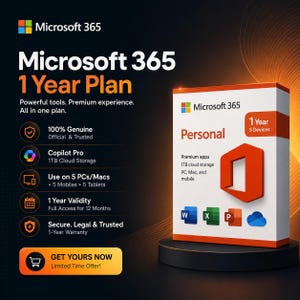 Könnte beinhalten: Eine Microsoft 365 Personal 1-Jahres-Abonnement Softwarebox mit Microsoft-Logo, orangefarbenen Akzenten sowie Word-, Excel- und PowerPoint-Symbolen. Der Text weist auf 1 TB Cloud-Speicher, 5 Geräte und 12 Monate Gültigkeit hin.
