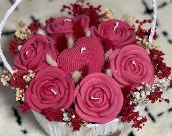 Balde para vela, rosas vermelhas e coração, o presente perfeito, decoração original para casa... flores aromáticas feitas à mão...