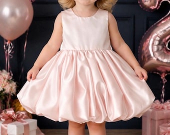Handgefertigte Rosa Satin Bubble Kleid, Puffy Blumenmädchen Kleid, Baby Mädchen Geburtstag Kleid, Kleinkind Outfit für besondere Anlässe