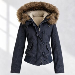 Op de afbeelding: Een donkerblauwe jas met een capuchon gevoerd met dikke, lichtgekleurde imitatie-lamswol en afgezet met bruin imitatiebont. De jas is voorzien van een ritssluiting, een knoopsluiting, twee voorzakken met klep en geribbelde boorden aan de mouwen.