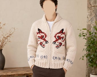 Handgebreide Fox-vesttrui, grof gebreid winterjack met rits