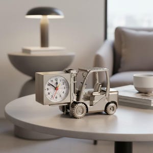 May include: A silver-colored forklift clock with a white clock face and black numbers. The clock has a red second hand and is set on a round, light-colored table. A small lamp and a sofa are in the background.