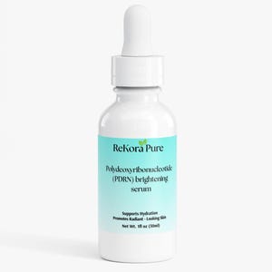 May include: A white bottle of ReKora Pure brightening serum with a dropper. The label is light blue and features the text "Polydeoxyribonucleotide (PDRN) brightening serum." It supports hydration and promotes radiant-looking skin. Net wt. 1 fl oz (30ml).