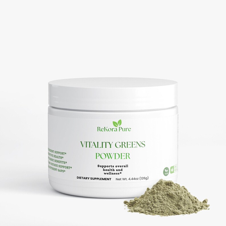 May include: A white jar of Rekora Pure Vitality Greens Powder with a green powder pile in front. The jar has a white lid and green text that reads "Vitality Greens Powder". The jar contains 4.44oz (126g) of powder.
