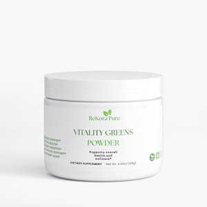 May include: A white jar of Rekora Pure Vitality Greens Powder. The label includes the text "Supports overall health and wellness" and "Dietary Supplement". The jar contains 4.44oz (126g) of powder.