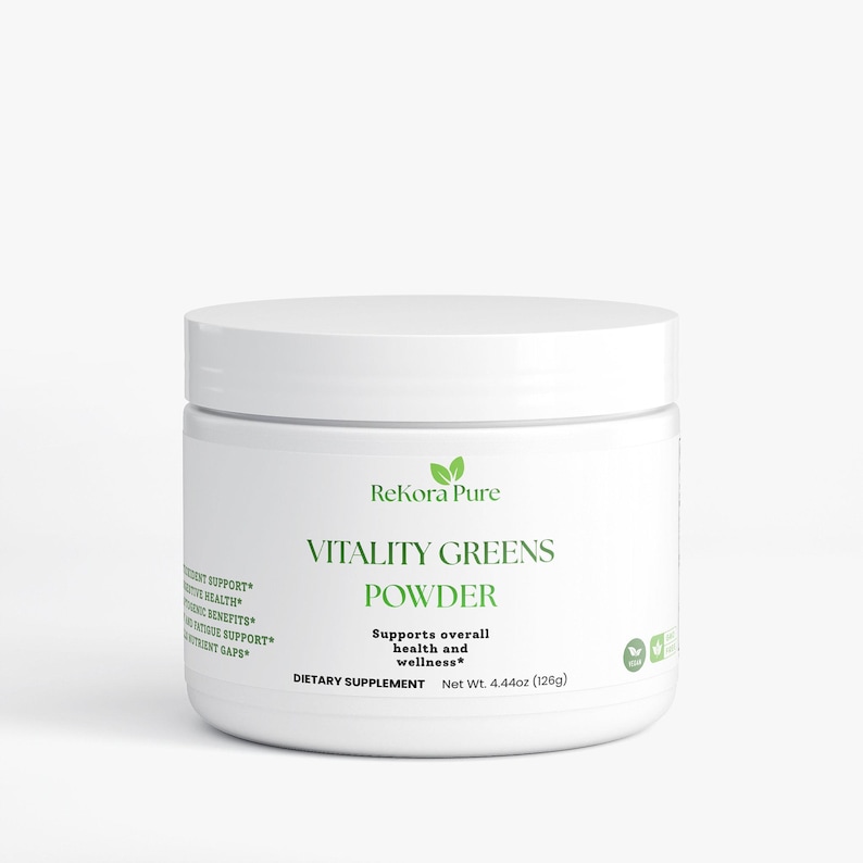 May include: A white jar of Rekora Pure Vitality Greens Powder. The label includes the text "Supports overall health and wellness" and "Dietary Supplement". The jar contains 4.44oz (126g) of powder.