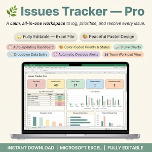 Puede incluir: Una pantalla de portátil que muestra el archivo de Excel Issues Tracker Pro con un diseño en tonos pastel. La interfaz incluye un panel de control de actualización automática, prioridades y estados codificados por colores y seis gráficos.