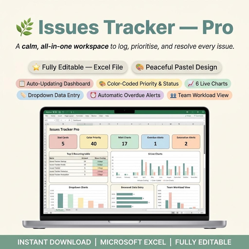 Peut inclure: Un &eacute;cran d'ordinateur portable affichant le fichier Excel Issues Tracker Pro avec un design aux tons pastel. L'interface comprend un tableau de bord &agrave; mise &agrave; jour automatique, des priorit&eacute;s et statuts cod&eacute;s par couleur et six graphiques.