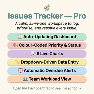 Peut inclure: Espace de travail num&eacute;rique Issues Tracker Pro listant six fonctionnalit&eacute;s : Auto-Updating Dashboard, Colour-Coded Priority & Status, 6 Live Charts, Dropdown-Driven Data Entry, Automatic Overdue Alerts et Team Workload View avec ic&ocirc;nes.