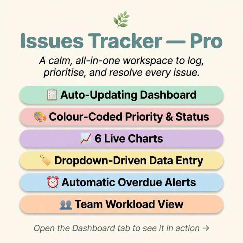 Peut inclure: Espace de travail num&eacute;rique Issues Tracker Pro listant six fonctionnalit&eacute;s : Auto-Updating Dashboard, Colour-Coded Priority & Status, 6 Live Charts, Dropdown-Driven Data Entry, Automatic Overdue Alerts et Team Workload View avec ic&ocirc;nes.