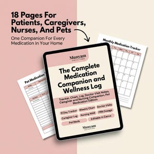 Puede incluir: Un planificador digital de medicación y bienestar de 18 páginas para pacientes, cuidadores, enfermeros y mascotas. La portada muestra el título The Complete Medication Companion and Wellness Log con secciones de seguimiento en tonos rosa suave y crema.