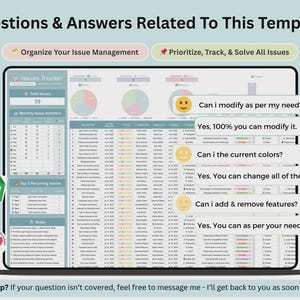 Peut inclure: Un mod&egrave;le de suivi des probl&egrave;mes affich&eacute; sur un &eacute;cran, pr&eacute;sentant une feuille de calcul avec des colonnes pour les titres, les dates et le statut. L'interface inclut des graphiques circulaires, des statistiques mensuelles et une section FAQ avec des bulles de texte.