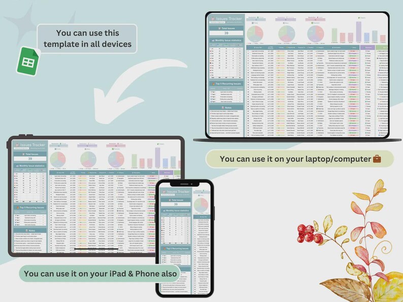 Peut inclure: Un mod&egrave;le de feuille de calcul num&eacute;rique de suivi des probl&egrave;mes affich&eacute; sur un ordinateur portable, une tablette et un smartphone. L'interface pr&eacute;sente des graphiques circulaires, des histogrammes et des tableaux de donn&eacute;es avec le texte "Issues Tracker".
