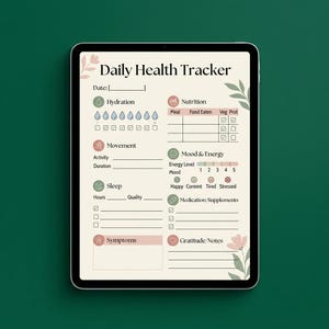Peut inclure: Une tablette numérique affichant un modèle de suivi de santé quotidien sur un fond crème avec des motifs floraux. La mise en page comprend des sections pour l'hydratation, la nutrition, le mouvement, l'humeur, l'énergie, le sommeil et les notes.