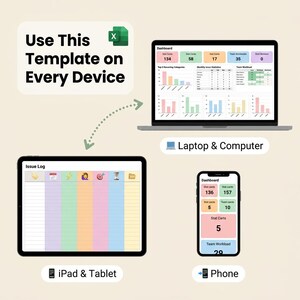 Peut inclure: Un mod&egrave;le num&eacute;rique affichant une ic&ocirc;ne Excel et le texte Use This Template on Every Device. Il comprend un ordinateur portable avec un tableau de bord, une tablette montrant un journal des probl&egrave;mes aux colonnes color&eacute;es et un t&eacute;l&eacute;phone mobile.