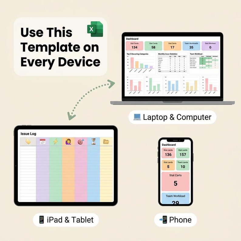 Peut inclure: Un mod&egrave;le num&eacute;rique affichant une ic&ocirc;ne Excel et le texte Use This Template on Every Device. Il comprend un ordinateur portable avec un tableau de bord, une tablette montrant un journal des probl&egrave;mes aux colonnes color&eacute;es et un t&eacute;l&eacute;phone mobile.
