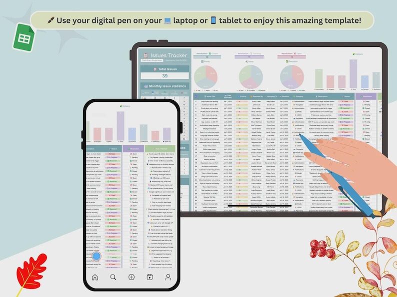 Peut inclure: Un mod&egrave;le de suivi des probl&egrave;mes num&eacute;riques affich&eacute; sur une tablette et un &eacute;cran de smartphone. L'interface comprend des graphiques circulaires, des histogrammes et un tableau de donn&eacute;es d&eacute;taill&eacute;. Le texte indique : Utilisez votre stylet.