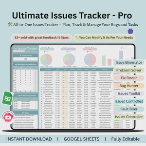 Peut inclure: Une interface de feuille de calcul num&eacute;rique intitul&eacute;e Ultimate Issues Tracker - Pro, pr&eacute;sentant un tableau de bord avec des graphiques circulaires, des barres et une liste de t&acirc;ches d&eacute;taill&eacute;e. La mise en page inclut des colonnes pour le statut, la priorit&eacute; et le responsable.
