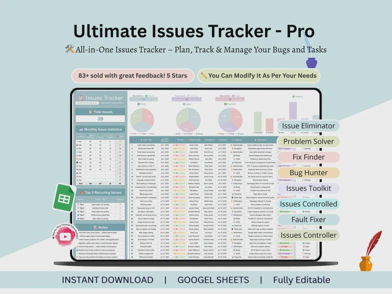 Peut inclure: Une interface de feuille de calcul num&eacute;rique intitul&eacute;e Ultimate Issues Tracker - Pro, pr&eacute;sentant un tableau de bord avec des graphiques circulaires, des barres et une liste de t&acirc;ches d&eacute;taill&eacute;e. La mise en page inclut des colonnes pour le statut, la priorit&eacute; et le responsable.