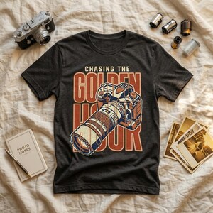 以下が含まれることがあります： カメラのグラフィックと「Chasing the Golden Hour」の文字がオレンジと白でプリントされた濃いグレーのTシャツ。画像には、ヴィンテージカメラ、フィルムロール、写真プリントも含まれています。