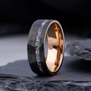 Mens Wedding Band, Meteorite Ring Black Hammered Tungsten, Rose Gold 8mm Comfort Fit, Anniversary