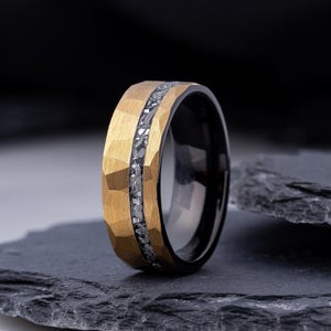 Meteorite Men’s Wedding Ring 8mm, Black Tungsten Band Yellow Gold Hammered Inlay, Grooms Gift