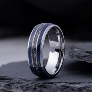Meteorite Men's Wedding Ring Lapis Lazuli Silver Tungsten 8mm Comfort Fit Band, Groom Gift