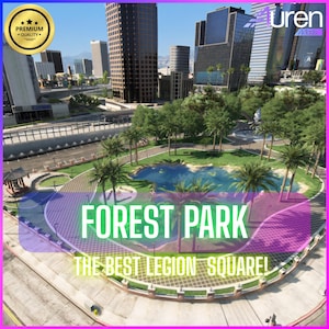 May include: A digital image of a park scene with the text "FOREST PARK" and "THE BEST LEGION SQUARE". The park features a pond, palm trees, and a pagoda, surrounded by modern skyscrapers. A gold seal with the words "PREMIUM QUALITY" is in the upper left corner.