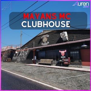 May include: Exterior view of the Mayans MC Clubhouse. The building has a dark roof and a sign that reads "Mayans MC Clubhouse" in red and white. A sign for beer is visible. The building has a weathered appearance.