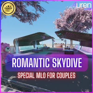 Könnte beinhalten: Ein Außenlounge-Bereich mit einem klaren blauen Himmel im Hintergrund. Das Bild zeigt eine Dachterrasse mit Sitzgelegenheiten, Tischen und einer Bar. Der Text auf dem Bild lautet "ROMANTIC SKYDIVE" und "SPECIAL MLO FOR COUPLES". Ein Teddybär ist sichtbar.