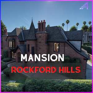 May include: A large brick mansion with a dark gray roof and a tall, pointed tower. The text "MANSION ROCKFORD HILLS" is displayed in white and red. Palm trees and a clear blue sky are in the background.
