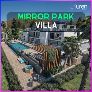 May include: An aerial view of a modern villa with a pool and outdoor seating. The villa has a white exterior with large windows and a flat roof. The text "MIRROR PARK VILLA" is displayed in green and white.
