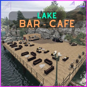 Può includere: Vista aerea di un bar-caffè sul lago con la scritta "LAKE BAR - CAFE" in verde e arancione. Il bar-caffè ha una terrazza in legno con divani marroni, tavolini e un'area bar. Lo sfondo presenta una scogliera rocciosa e acqua.