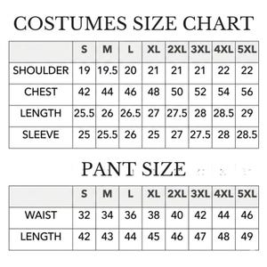 May include: A costume size chart with measurements for shoulders, chest, length, and sleeve. The chart includes sizes S to 5XL. A pant size chart is also included, detailing waist and length measurements for sizes S to 5XL.