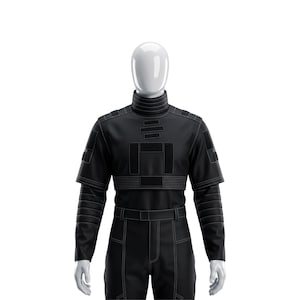 May include: Black jumpsuit with white stitching, displayed on a mannequin. The outfit features a high collar, short sleeves, and a belt. The design includes rectangular patches and horizontal lines across the chest and sleeves.