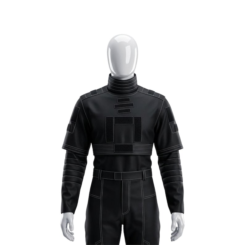 May include: Black jumpsuit with white stitching, displayed on a mannequin. The outfit features a high collar, short sleeves, and a belt. The design includes rectangular patches and horizontal lines across the chest and sleeves.