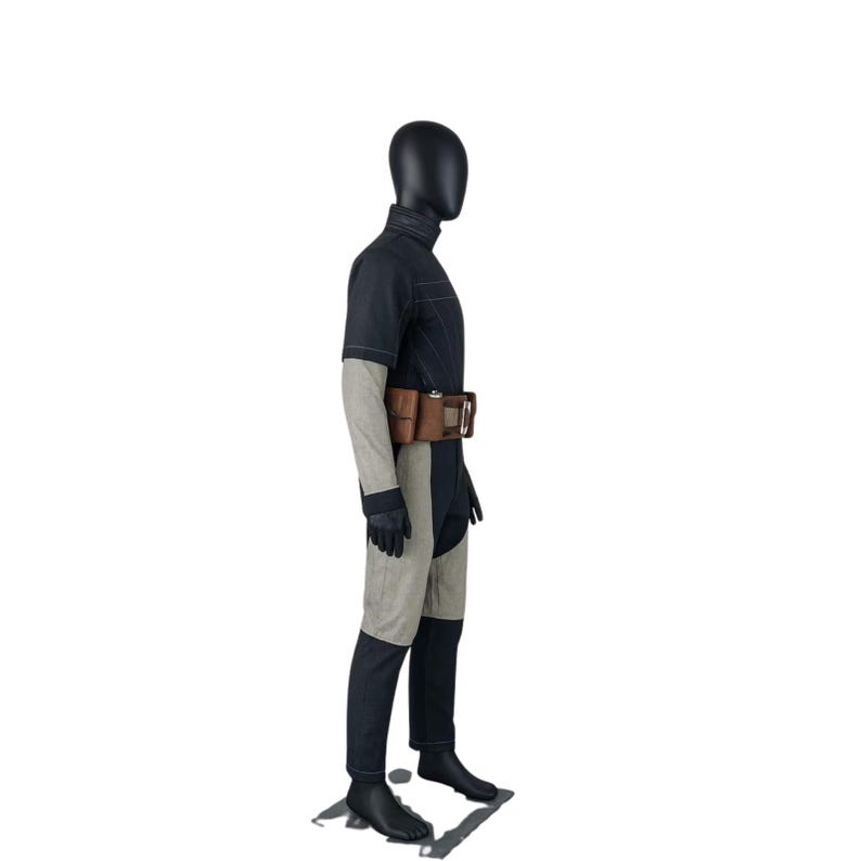 May include: A black and gray jumpsuit with a brown belt and a black mannequin. The jumpsuit has a high collar, short sleeves, and gray panels on the legs and arms. The belt has a rectangular buckle and a small pouch.