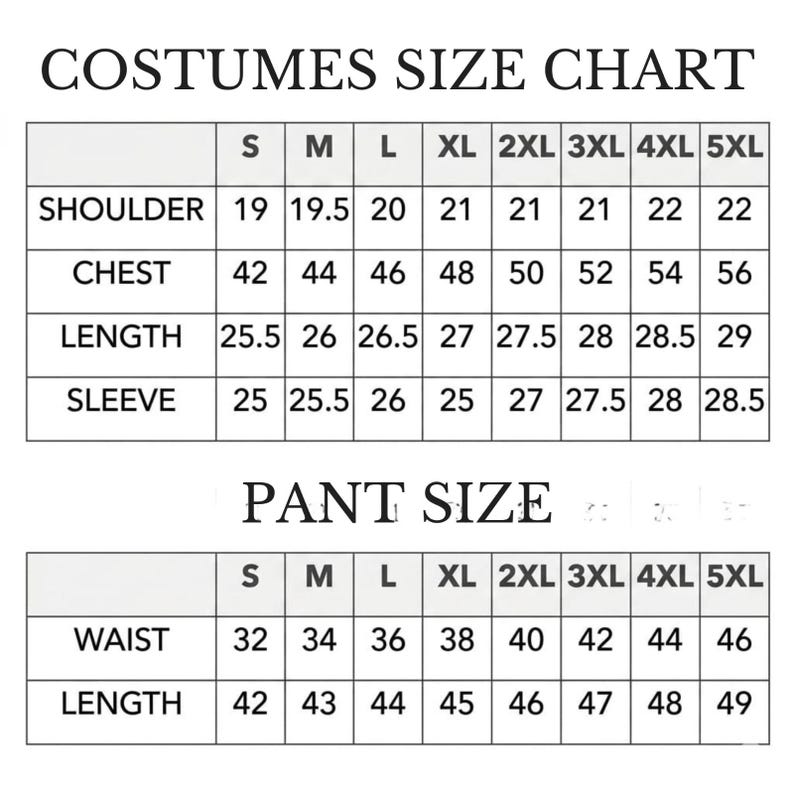 Puede incluir: Una tabla de tallas de disfraces con medidas de hombro, pecho, largo y manga. La tabla incluye tallas de la S a la 5XL. Tambi&eacute;n se incluye una tabla de tallas de pantalones, con medidas de cintura y largo.