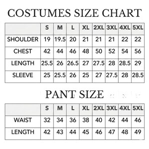 May include: A costume size chart with measurements for shoulders, chest, length, and sleeve. The chart includes sizes S to 5XL. A pant size chart is also included, detailing waist and length measurements for sizes S to 5XL.