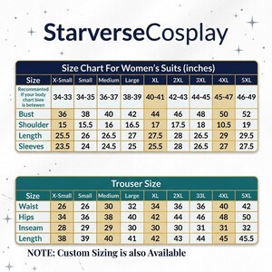 May include: Size chart for women's suits and trousers, with measurements in inches. Includes bust, shoulder, length, and sleeve measurements for suits, and waist, hips, inseam, and length for trousers. The text "Starverse Cosplay" is at the top.