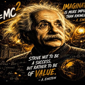 May include: A black and gold graphic print featuring Albert Einstein with the text E=MC2, IMAGINATION IS MORE IMPORTANT THAN KNOWLEDGE, and STRIVE NOT TO BE A SUCCESS, BUT RATHER TO BE OF VALUE, alongside illustrations of a galaxy, globe, and equations.
