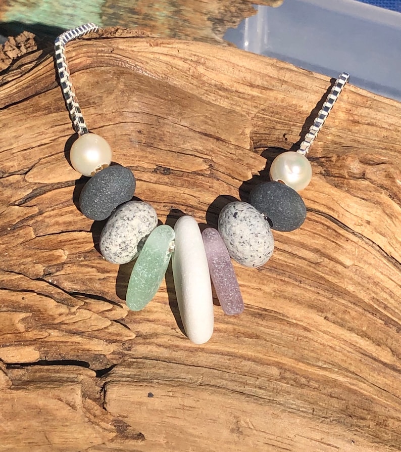 Genuine Purple Sea Foam Green Sea glass Beach stones and Fresh water pearl necklace