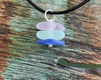 Sea glass jewelry- Cobalt blue, Sea foam green and Purple sea glass Cairn stack