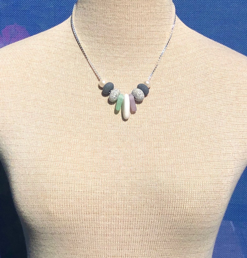 Genuine Purple Sea Foam Green Sea glass Beach stones and Fresh water pearl necklace