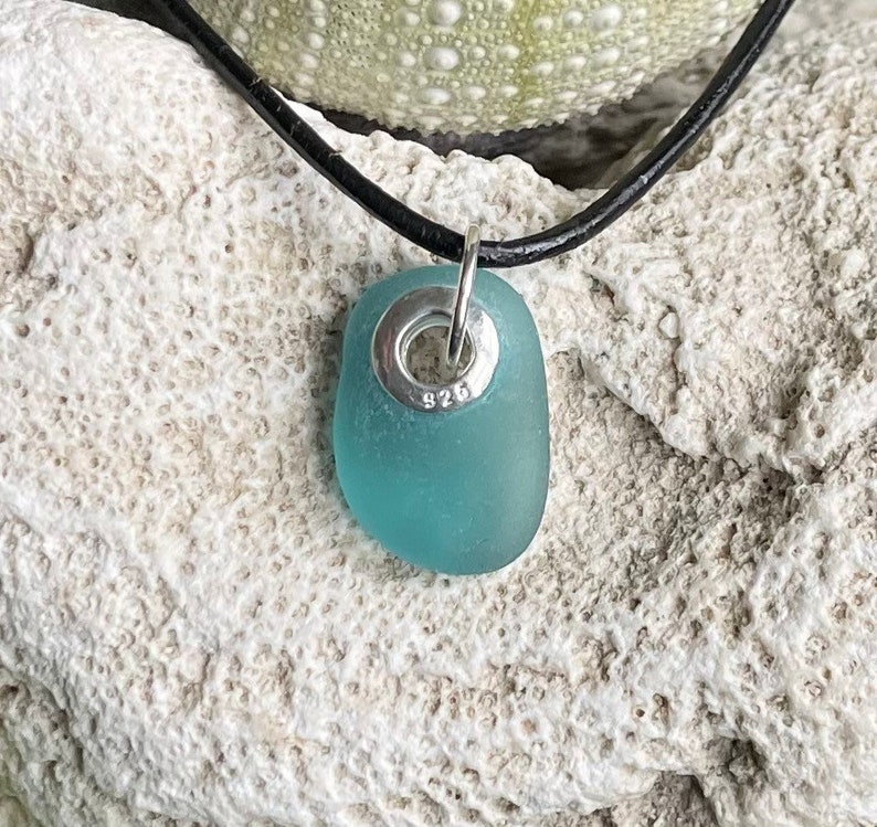 Sea glass jewelry Dark Aqua Blue sea glass set with a sterling silver grommet image 5